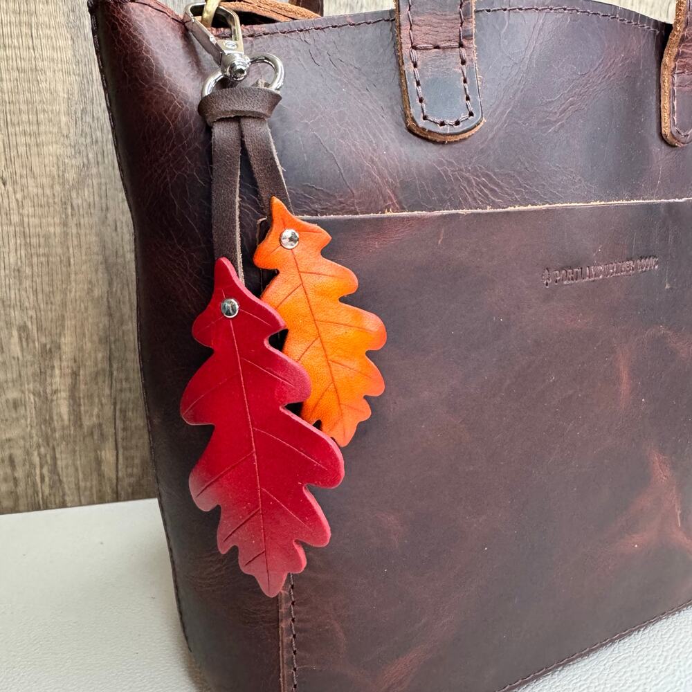 Leather Purse Charm Oak Tree Leaf Bag Charm Genuine Leather Purse Keychain NEW